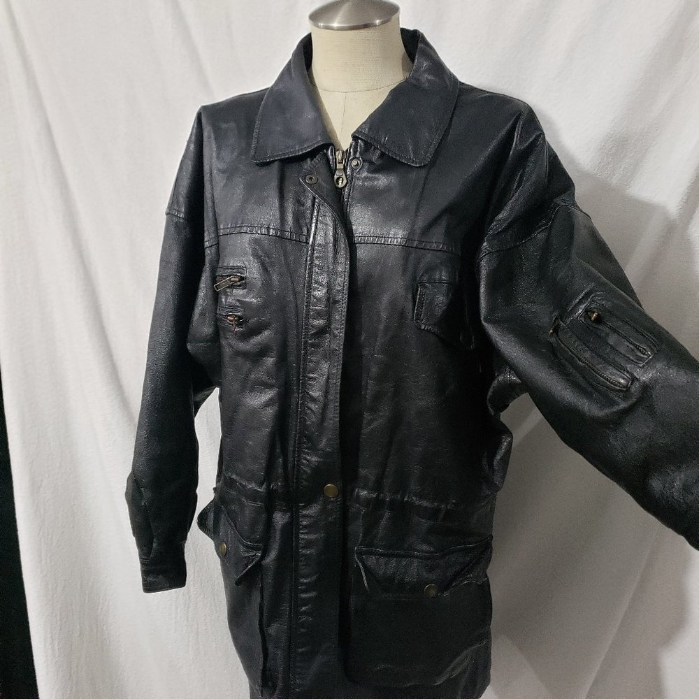 Karin Morgan Collection Vtg Black Leather Zip Coat Jacket A Lot of Pockets M